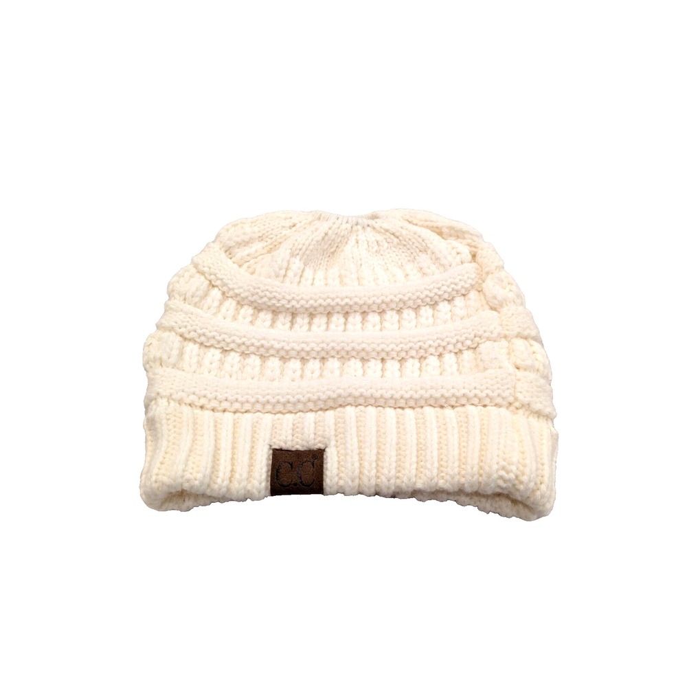 CC Hat Beanie Warm Chunky Soft Stretch Cable Knit White with Ponytail Hole Women